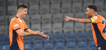 Krzysztof Piatek 9 of Basaksehir FK celebrates after scoring the first goal of his team with Deniz Turuc R during the Turkish Super League match between Istanbul Basaksehir FK and Kayserispor at Basaksehir Fatih Terim Stadyumu on October 5, 2024 in Istanbul, Turkey. Photo by Seskimphoto  Basaksehir v Kayserispor - Turkish Super League PUBLICATIONxNOTxINxTUR